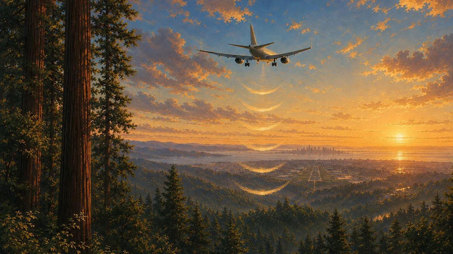 FAA radio altimeter rule illustration showing an airliner on final approach over C-band ground signals.
